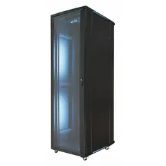 Steel server rack enclosure with 42 rack units, measuring 81 1/8 in x 23 5/8 in x 39 3/8 in. Includes a tempered glass door and a 4-fan tray for thermal management. Suitable for housing servers, network equipment, and AV gear in data centers or IT rooms.