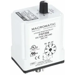 Socket-mounted phase monitor relay for detecting phase loss in three-phase power systems. Rated 10 A at 208V AC with 8 pins/terminals. Used to protect motors and equipment from damage due to open phase conditions.