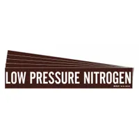 Adhesive pipe marker for identifying low pressure nitrogen lines. Brown background with white legend text. Fits pipe outer diameters of 8 inches and larger. Pack of 5 markers without arrows. Suitable for industrial piping systems