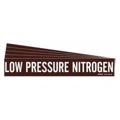 Adhesive pipe marker for identifying low pressure nitrogen lines. Brown background with white legend text. Fits pipe outer diameters of 8 inches and larger. Pack of 5 markers without arrows. Suitable for industrial piping systems.