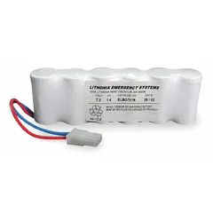 Nickel Cadmium emergency battery rated at 7.2 V with 1.4 Ah capacity. Designed as a replacement power source for compatible emergency and exit luminaires, providing backup illumination during power outages in commercial and industrial facilities.