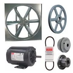 Unassembled belt-drive panel supply fan with a 36-inch blade delivering 13,802 cfm. Features an open dripproof motor enclosure and a 3/4 hp, three-phase motor rated at 208-230/460V AC. Suitable for industrial ventilation applications such as supplying fresh air or exhausting stale air in factories, warehouses, and commercial buildings.