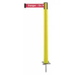 Yellow plastic post with a red retractable belt printed with white 'Danger Do Not Enter' text. Belt length is 13 ft. Metal alloy base. Used to cordon off hazardous areas and restrict entry in industrial facilities, warehouses, and construction sites.
