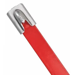 Coated 316 stainless steel cable tie with ball lock locking style. Nominal length 14 1/2 in, maximum bundle diameter 4 in, width 0.31 in. Red color. Supplied in pack of 50. Used for bundling and securing cables in harsh environments requiring corrosion resistance and color coding.
