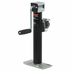 This CURT trailer jack is a sidewind, weld-on unit with a foot plate base. It offers a 20 in maximum lift height and a static load capacity of 2,000 lb. Suitable for lifting and supporting trailer tongues during coupling or storage.