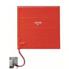 Fiberglass-reinforced silicone rubber heating blanket with metal construction. Measures 24 inches overall length, 6 inches overall width, and 3/16 inch thickness. Maximum operating temperature of 232°C. Radiation resistant and grounded. Requires a controller. Used for surface heating on process equipment, pipe tracing, and freeze protection.
