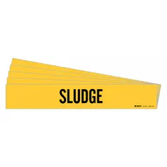 Yellow adhesive pipe marker with black legend text reading 'Sludge'. Designed for pipes with outer diameter of 8 inches and larger. Each pack contains 5 markers without arrows. Used for identifying sludge content in industrial piping systems.