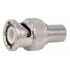 Male BNC connector with silver finish, designed for crimp-on attachment. Supports frequencies up to 4 GHz. Suitable for terminating unused coaxial ports in RF and video systems to prevent signal reflection. Pack of 10.