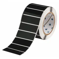 Polyester label roll with glossy black finish, precut to 1 in x 3 in. Contains 250 labels per roll. Compatible with BBP81 printer series. Used for industrial identification and panel marking in electrical, asset, and equipment labeling applications.