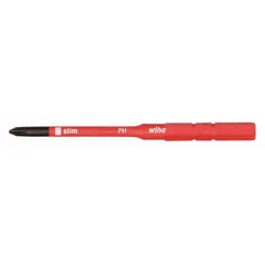 Insulated screwdriver blade with a #2 Phillips tip and standard hex shank, made of steel. Designed for driving Phillips-head fasteners in electrical work where protection against live circuits is needed. Compatible with common power tools for secure torque transmission.