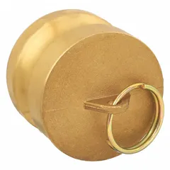 Forged brass dust plug for sealing cam-and-groove couplers when not in use. Prevents dirt, debris, and moisture from entering the line. 2 in coupling size, 250 psi maximum working pressure at 70°F, 2 9/16 in overall length.
