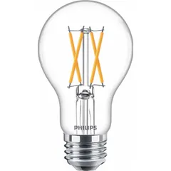 This PHILIPS LED bulb features an A19 classic shape with a clear finish and a medium screw (E26) base. It operates at 8 watts and offers selectable color temperature of 2200K or 2700K. Suitable for general indoor lighting in residential and commercial settings, it can be used in open fixtures such as table lamps, ceiling lights, and wall sconces.