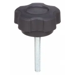 Five-arm knob with threaded stud, plastic body with steel thread insert. Thread size 1/4"-20, thread length 1 inch. Used for manual adjustment, clamping, and positioning on industrial machinery, jigs, and fixtures.