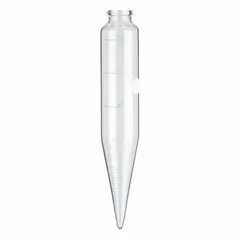 This 100 mL glass centrifuge tube features a conical bottom for efficient pellet collection and graduated markings for volume measurement. With a 36 mm body diameter and 200 mm overall height, it is suitable for separating substances by density in laboratory centrifugation processes. The tube is colorless and does not include a closure.