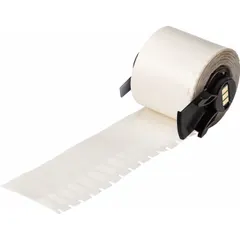 Precut label roll made of white matte vinyl, measuring 1-1/2 in by 1/4 in. Designed for wire gauges from 10 AWG to 4 AWG. Compatible with BMP61 printer series and requires M61-R4310 ribbon. Used for permanent identification of wires and cables in electrical panels and control systems.