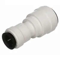 This polysulfone push-to-connect tube fitting connects tubing of 3/4 in OD and 1/2 in OD without tools. Suitable for low-pressure fluid handling, instrumentation, and pneumatic systems requiring chemical resistance