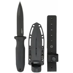 This general purpose fixed blade knife features a 4 3/4 in straight steel blade and a 10 in overall length with a plastic handle. Suitable for cutting tasks in industrial, outdoor, and maintenance settings such as opening crates, cutting rope, and light demolition.