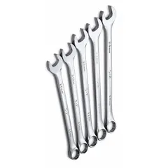 This 5-piece metric 12-point combination wrench set is constructed from alloy steel with a chrome finish. Each wrench features a 15° head offset angle for improved access in confined spaces. The set is stored in a tray and is suited for tightening and loosening metric fasteners in automotive repair, industrial maintenance, and mechanical assembly.