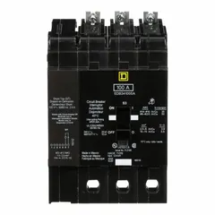 Three-phase bolt-on miniature circuit breaker from the EDB Series, rated 100 A at 277/480V AC with an interrupting capacity of 18 kA. Suitable for overcurrent protection in commercial and industrial electrical distribution systems when installed in compatible panelboards.