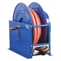 This base frame spring-return hose reel is designed for air or water applications, handling up to 100 ft of 3/4 in I.D. hose. It features a brass swivel and 3/4 in MNPT hose end configuration, with a maximum operating pressure of 300 psi. The reel has a blue finish and overall dimensions of 26-3/8 in L x 19-5/8 in W x 24-1/2 in H