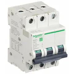 D-Curve, 3-pole supplementary protector rated 13 A, with a maximum interrupting rating of 14 kA at 240 V AC. Voltage rated for 240/415/440 V AC, not rated for DC. Screw clamp terminals. Suitable for overcurrent and short-circuit protection of industrial control circuits, lighting, and small motor loads on DIN rail.