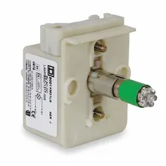Green LED lamp module for use with 9001SK series selector switch operators. Rated 120V AC, includes bulb, no transformer required. Features screw clamp terminals for secure wiring connections.
