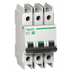 This 45 A, C-Curve, 3-pole miniature circuit breaker is UL489 listed for DIN rail mounting. It provides overcurrent protection for branch circuits in commercial and industrial electrical panels. The screw clamp terminals facilitate secure wiring connections. Rated for AC systems up to 120/240 V with a maximum interrupting rating of 14 kA; not rated for DC voltage.