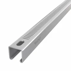 This perforated-slot strut channel is fabricated from steel with a pre-galvanized zinc finish. It features a 12 ga gauge, narrow slotted design with 8 mm slot spacing, and a gray appearance. Used in framing systems to support and secure mechanical, electrical, and plumbing components in commercial and industrial construction.
