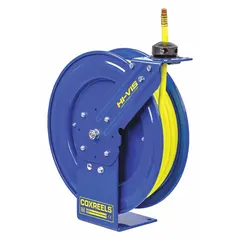 This spring-return hose reel is designed for air or water applications, featuring a blue high-visibility reel for easy identification. It has a hose capacity of 25 ft with 3/8 in I.D., a brass swivel, and a 3/8 in MNPT hose end configuration. Maximum operating pressure is 300 psi. Overall dimensions are 13-3/4 in L x 6-1/4 in W x 14-1/2 in H.