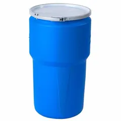 This 14-gallon nestable overpack drum is made of HDPE with an open head and metal lever lock ring. It carries UN ratings 1H2/Y100/S for both solids and liquids, and is designed to hold an original shipping container. The drum is unlined with no interior coating. Typical applications include containment and transport of hazardous materials in industrial settings.