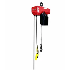 This Dayton electric chain hoist is a heavy-duty, hook-mounted unit without a trolley, designed for fixed-point lifting tasks. It operates on 115/230V AC with a single speed and includes a chain container. Headroom clearance ranges from 28 to 30 inches.