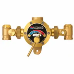 Thermostatic mixing valve for point-of-source applications, blending hot and cold water to a controlled outlet temperature. Features a 1 in outlet connection and includes integral check-stops. Suitable for commercial and institutional plumbing systems requiring tempered water at individual fixtures.