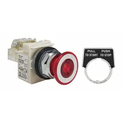 This maintained-action illuminated push button features a 30 mm non-metallic mushroom head profile and SPDT contact configuration. It is used in industrial control panels for start/stop or on/off commands where a large, illuminated actuator is required.