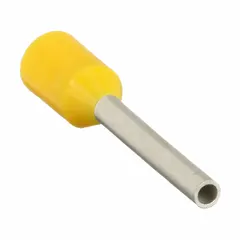 Insulated ferrule for terminating stranded wire into terminal blocks. Holds 1 wire, 24 AWG max. Yellow polypropylene insulation, 0.04 in ferrule diameter. Used in control panels and electrical installations to prevent fraying and ensure secure connections.