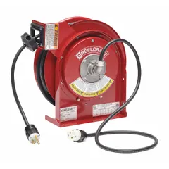 This reverse feed self-retracting cord reel from REELCRAFT features a 45 ft length of 12 AWG SJEOOW cable with a NEMA 5-20P retractable cord ending and a NEMA 5-20R feeder cord ending. The ratchet lock mechanism allows the cord to be held at any desired length, while the self-retracting design keeps the work area tidy. Suitable for managing extension cords in industrial environments such as workshops and maintenance facilities.