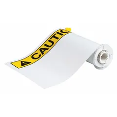 White vinyl precut label rolls with CAUTION header, available in 10 in x 14 in and 14 in x 10 in sizes. Acrylic adhesive ensures secure application on various surfaces. Compatible with BBP85 printer series for on-demand industrial safety and identification labeling.
