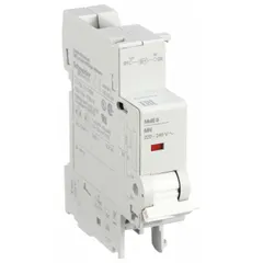 Undervoltage release accessory for Multi 9 circuit breakers. Trips the breaker when supply voltage drops below a set threshold, protecting equipment in electrical distribution systems. Rated 220-240V AC/24V DC. No poles.