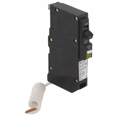 Bolt-on miniature circuit breaker from the QOB Series, rated 15 A, single-phase, 120/240V AC with a maximum interrupting rating of 10kA at 120/240V AC. Single-pole design for overcurrent protection in QO Load Centers and NQ Panelboards.