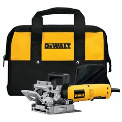 This corded biscuit joiner operates on 120V AC with a 6.5 A motor. It offers a maximum cutting depth of 13/16 in and three depth settings. The tool is used for cutting slots in wood to join panels, countertops, and frames, and features a bevel range of 0° to 90° for angled joints.