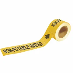 Yellow adhesive pipe marker with black legend reading 'Non-Potable Water' and flow-direction arrows. Fits pipe outer diameters from 2-1/2 to 6 inches. Supplied 25 markers per roll for application on piping systems requiring clear identification of non-potable water lines.