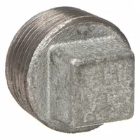 This medium-pressure threaded pipe plug is used to seal the end of a piping system. Made of malleable iron with NPT threads, it is rated for 300 psi at 150°F. Suitable for industrial plumbing, HVAC, and process lines requiring a leak-proof closure