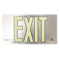 This non-retroreflective exit sign is made of aluminum and features photoluminescent glow-in-the-dark properties for visibility during power outages. It has a nominal size of 8 1/2 in x 15 1/4 in and is printed on one side. Suitable for marking emergency exits in commercial and industrial facilities.