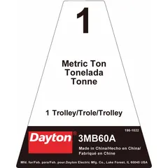 This replacement name plate is designed for hoists, displaying critical specifications and safety information. It is compatible with Dayton hoist model 3MB60. The plate serves as an identification label to ensure proper operation and compliance.