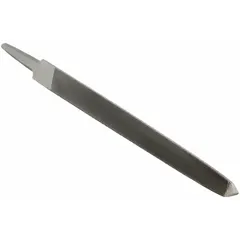 This triangular file features a double-cut, bastard-cut pattern for aggressive material removal. With a width of 5/8 in and a length without tang of 8 in, it is suited for general-purpose filing tasks such as sharpening saw teeth, deburring metal edges, and shaping internal corners.