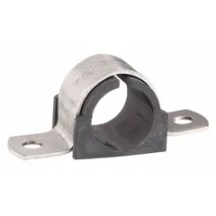 This vibration-dampening strap clamp is made of 304 stainless steel. It is designed for securing 1/2 in pipe, 4/5 in copper tube, or 7/8 in max OD lines. The clamp reduces vibration and noise in industrial piping systems, commonly used in HVAC, refrigeration, and process piping applications.