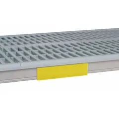 Yellow identification marker for MetroMax i Series plastic shelving. Measures 6 inches wide by 1.5 inches tall. Clips onto shelf edge to visually label and organize contents in storage areas.