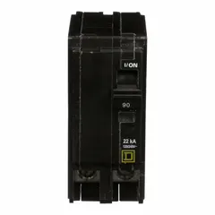 Plug-in miniature circuit breaker for overcurrent protection in QO Load Centers and NQ Panelboards. Rated 90 A, 120/240V AC, single-phase, 2-pole with a maximum interrupting rating of 22kA at 120/240V AC.