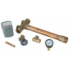 This brass installation kit connects a well water tank to the plumbing system. It features a 1-1/4 in male NPT fitting and includes a switch for pressure control. The kit has an overall length of 17-1/2 inches and is constructed with a brass body.