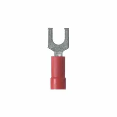 Red vinyl insulated fork terminal from the EV14 series. Funnel-entry barrel for #10 stud size, standard fork configuration, rated 600 V. Used for terminating wires to studs in control panels and power distribution.