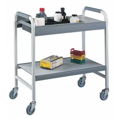 Steel lab cart with one compartment and four 15.25-inch short polyurethane dividers for organizing and transporting instruments, glassware, and supplies. Overall dimensions: 34-7/8 in length, 19 in width, 36-3/8 in height. Suitable for laboratory, hospital, and cleanroom environments.